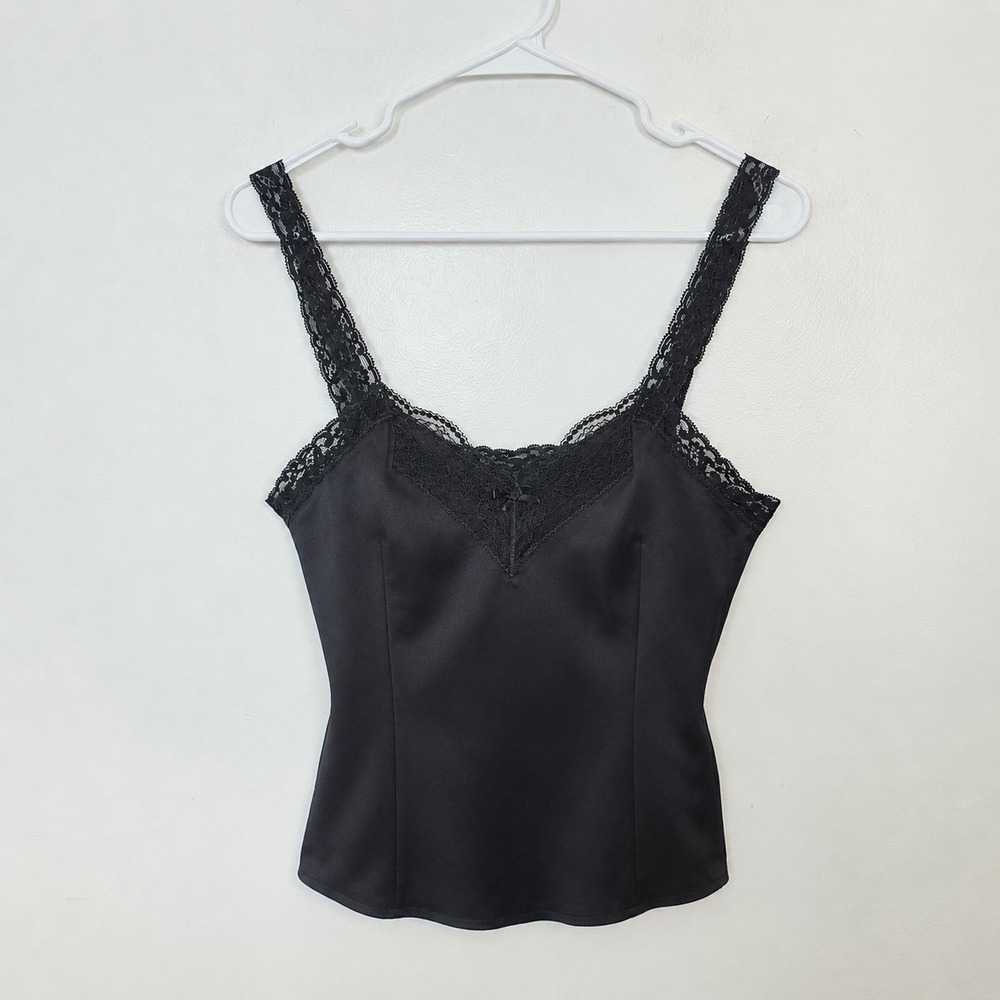 Vintage Olga Black Satin‎ Lace Trim Y2K Whimsygoth Feminine Tank Top Size Medium